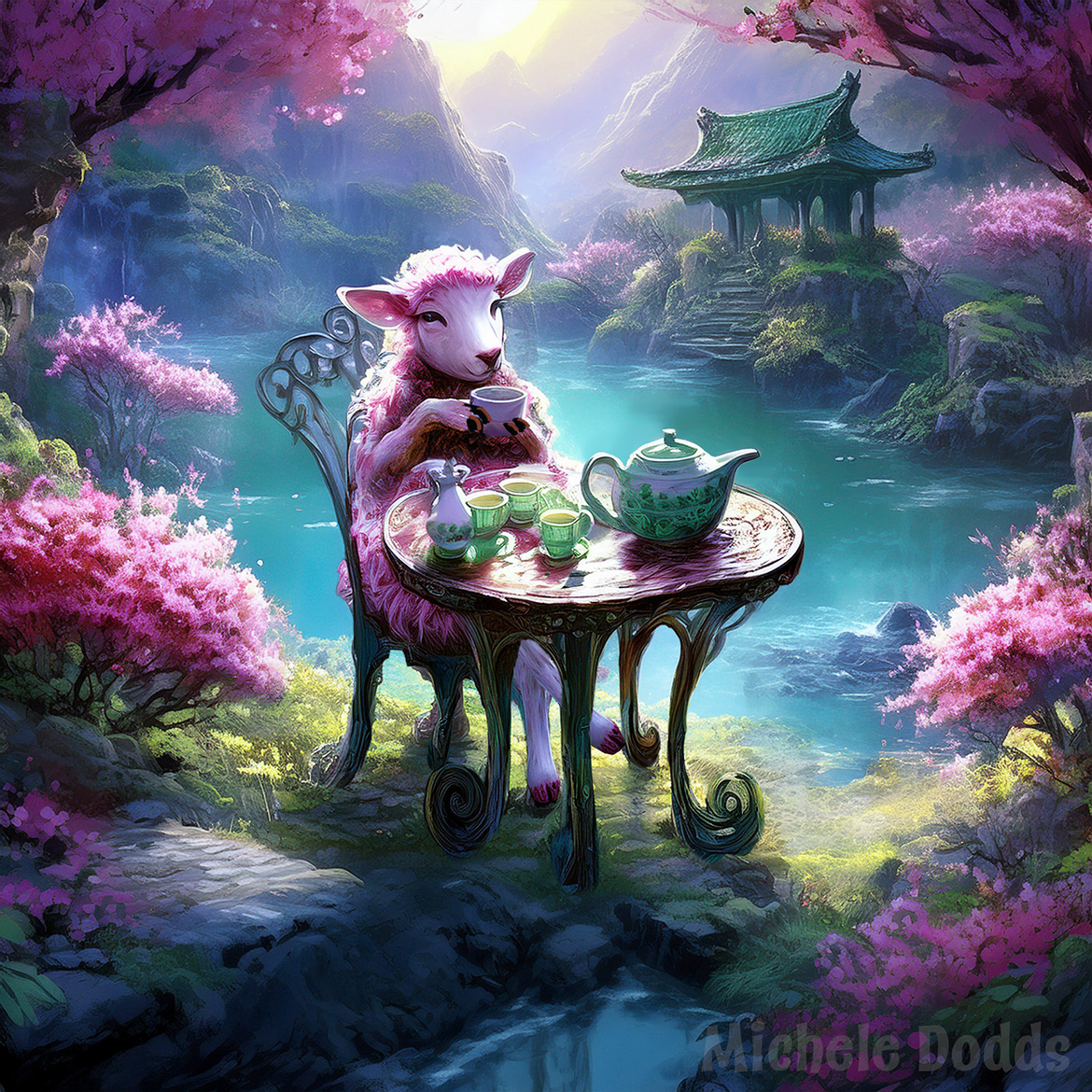 Dew the Ewe Drinking Tea Image